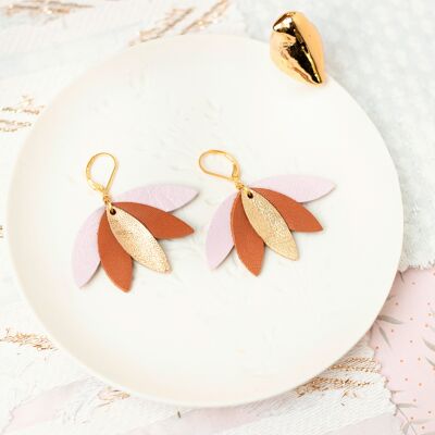 Palmier earrings - golden leather, caramel, pale pink