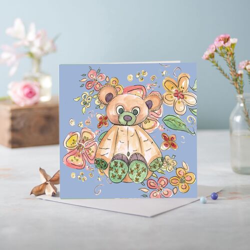 Cottage Floral Baby Blue Bear Greeting Card