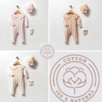 Ensemble combinaison et bonnet élégant en tricot de coton biologique pour bébé fille 1