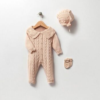 Ensemble combinaison et bonnet élégant en tricot de coton biologique pour bébé fille 2