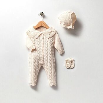 Ensemble combinaison et bonnet élégant en tricot de coton biologique pour bébé fille 3