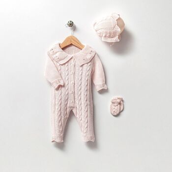 Ensemble combinaison et bonnet élégant en tricot de coton biologique pour bébé fille 4