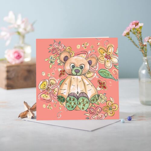 Cottage Floral Peachy Pink Bear Greeting Card