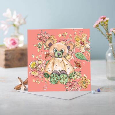 Cottage Floral Peachy Pink Bear Grußkarte