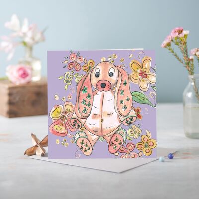 Cottage Floral Lilac Bunny Greeting Card