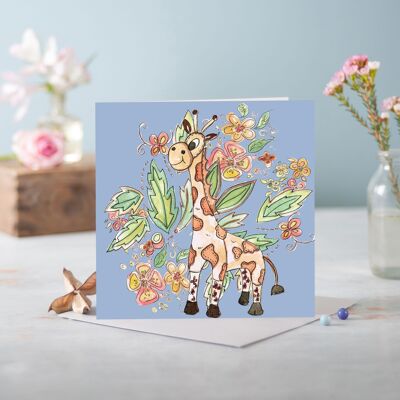 Cottage Floral Chambray Blue Giraffe Greeting Card