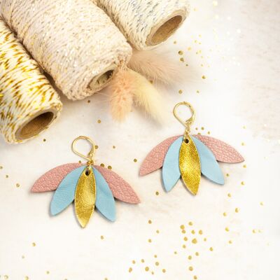 Palmier earrings - golden leather, cyan blue, salmon pink