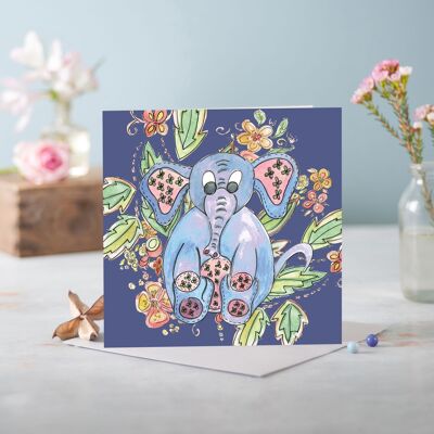 Cottage Floral Blue Nova Elephant Greeting Card