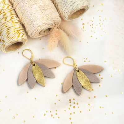 Palmier earrings - golden leather, old rose, salmon pink