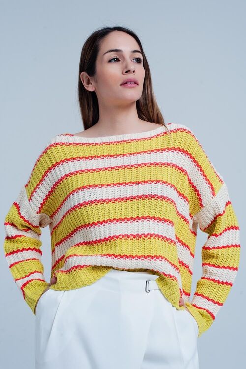 Yellow Striped Rib Stitch Knitted Sweater