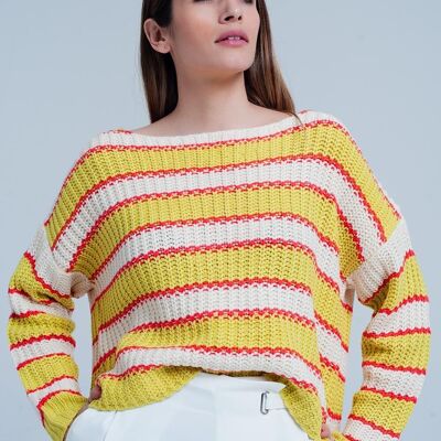 Pull tricoté en maille côtelée à rayures jaunes
