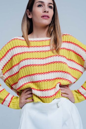 Pull tricoté en maille côtelée à rayures jaunes 4