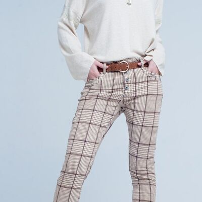 pants in beige check with button