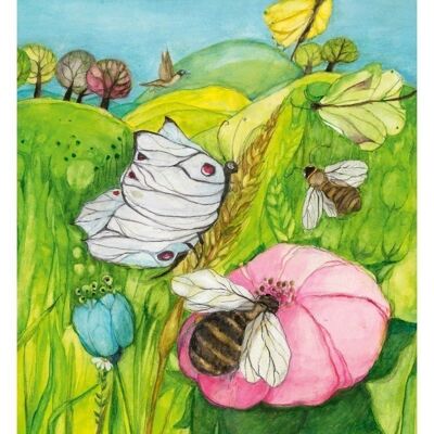 Tableau photo abeille, fleur, papillon