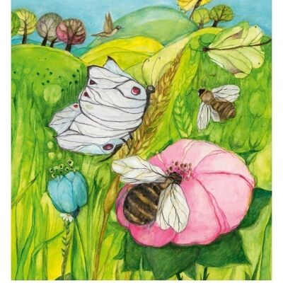Tischbild Biene, Blüte, Schmetterling
