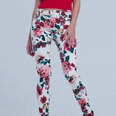 Jeans bianchi con stampa rose