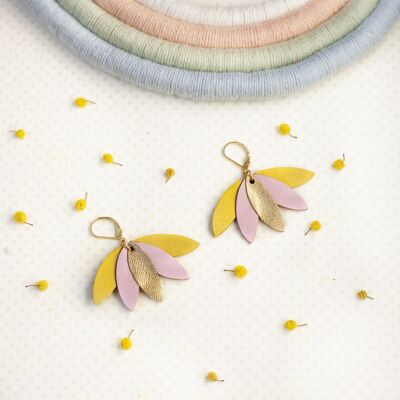 Palmier earrings - golden, pink, yellow leather