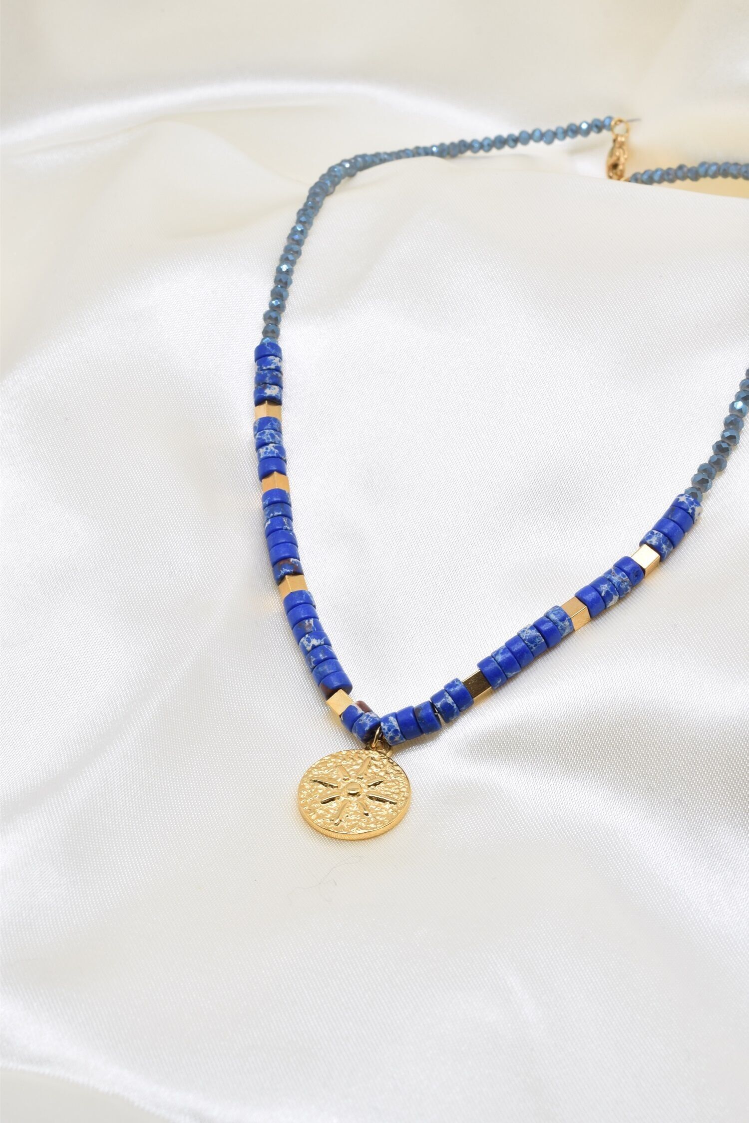 Gold steel necklace with stone and crystals - BJ210159OR