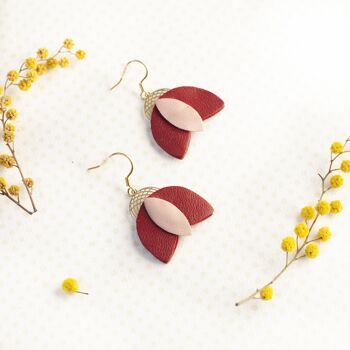 Boucles d'oreilles Cigale - cuir rose et rouge foncé