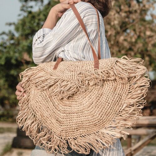 Beige Schultertasche aus Raffia mit Fransen Strandtasche Tote Bag Shoppingtasche SUMBAWA