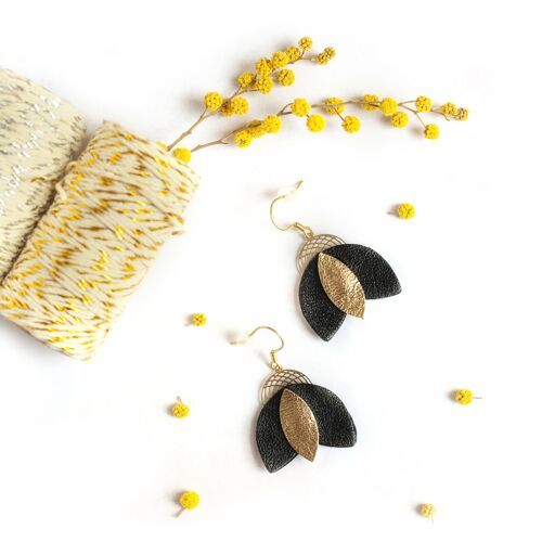 Boucles d'oreilles Cigale - cuir doré et noir