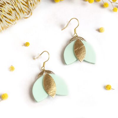 Cigale earrings - golden leather and mint green