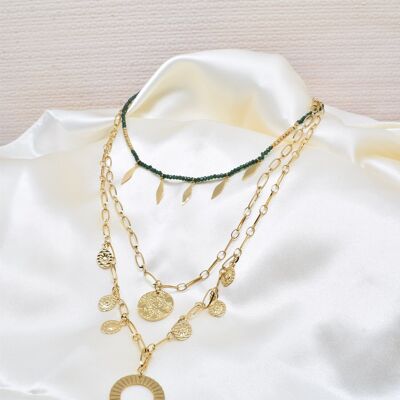 Dreireihige Halskette aus Goldstahl mit Kristallen – BJ210156OR