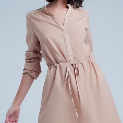 Beige tie waist shirt mini dress