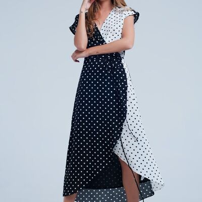 Black white wrap dress with polka dots