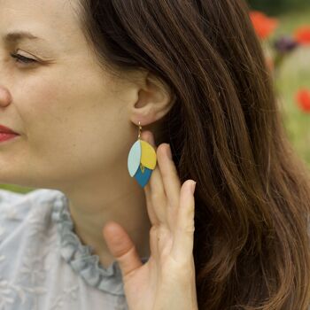 Boucles d'oreilles Trois Pétales - cuir vert menthe, jaune, bleu canard 3