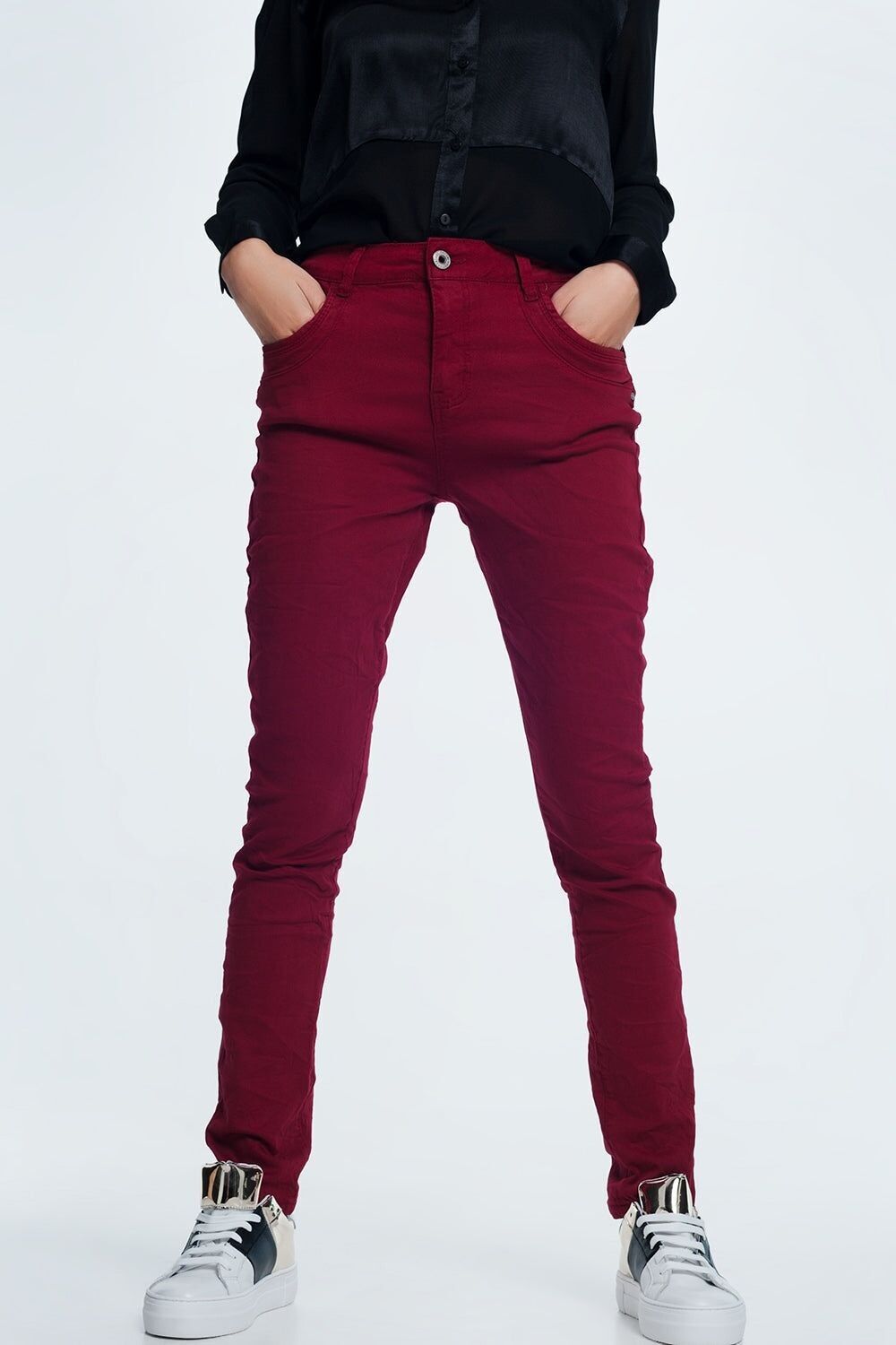 Jeans skinny con cavallo basso color marrone