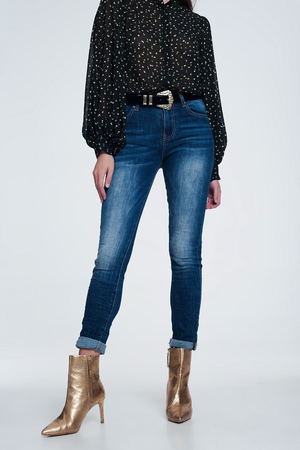 jeans skinny a vita alta in blu stonewash scuro