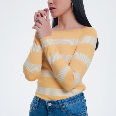 yellow striped sweater with boat neck