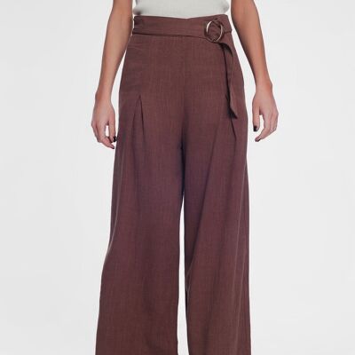 Pantalones anchos de cintura alta con cinturón en marrón
