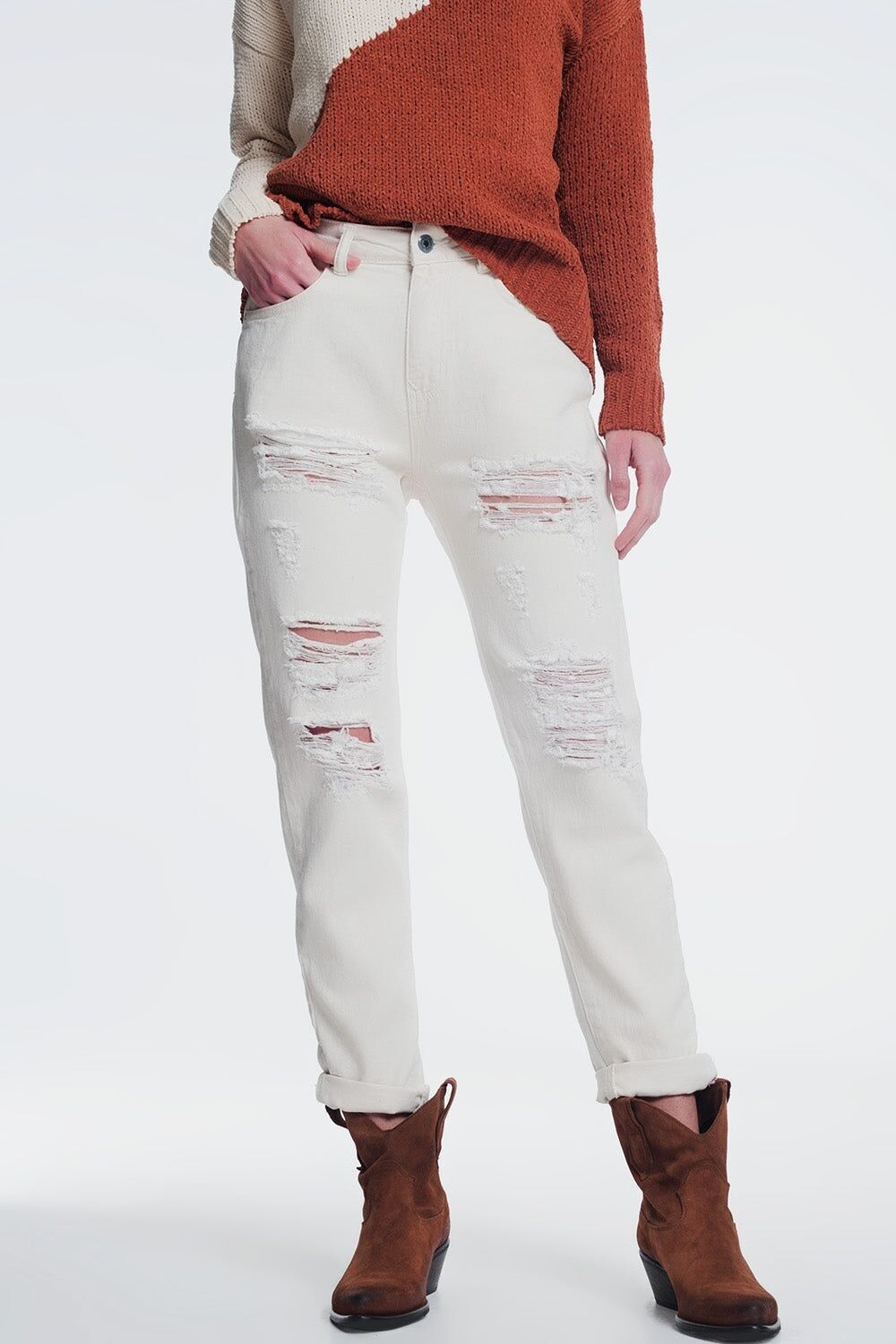 Jeans Boyfriend strappati in beige