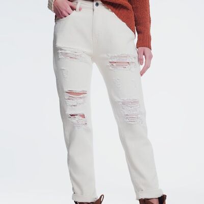 Zerrissene Boyfriend-Jeans in Beige