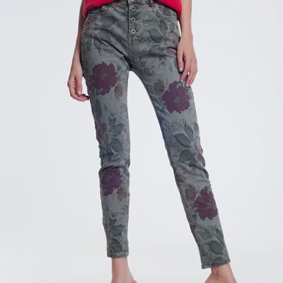 Khakifarbene Boyfriend-Jeans mit Blumendruck