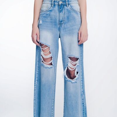 jeans cropped con orlo grezzo a gamba larga di colore azzurro