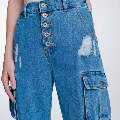 Jeans dritti in denim leggero strappati con tasche laterali