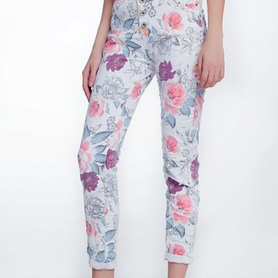 Jeans Boyfriend bianchi con stampa floreale