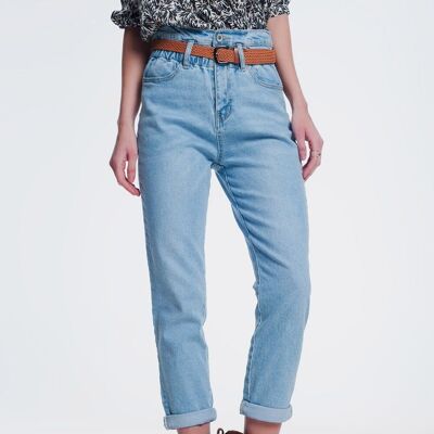 high waist mom jeans with belt in light denim