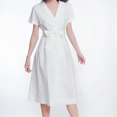 White poplin shirt dress with belt and short sleeve