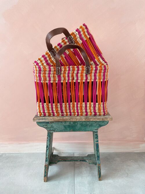 Decorative Reed Basket, Pink and Orange Stripe (Set of 2)