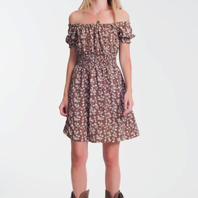 Braunes Mini-Bardot-Kleid mit Blumendruck