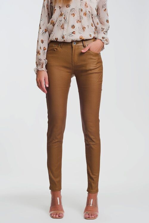 coated skinny pants in camel