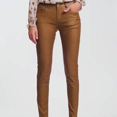 coated skinny pants in camel