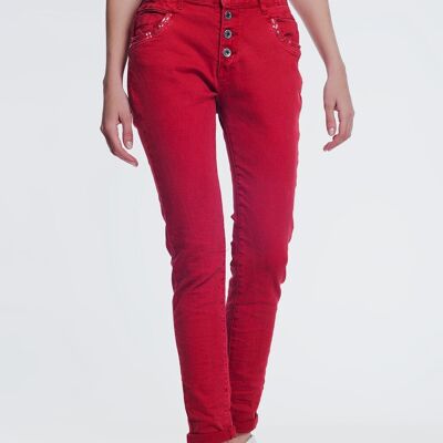 Rote Boyfriend-Jeans mit Knopfverschluss