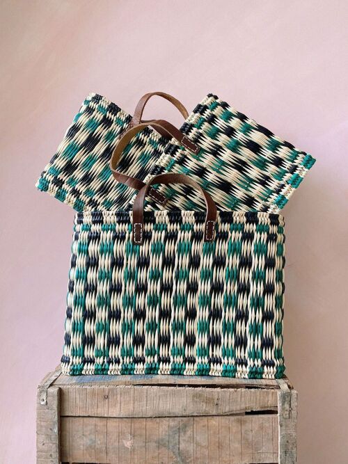 Chequered Reed Basket, Indigo + Green - Set of 3