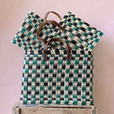Chequered Reed Basket, Indigo + Green - Set of 3