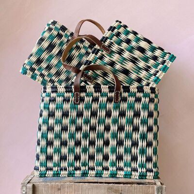 Panier à roseaux à carreaux, indigo + vert - Lot de 3